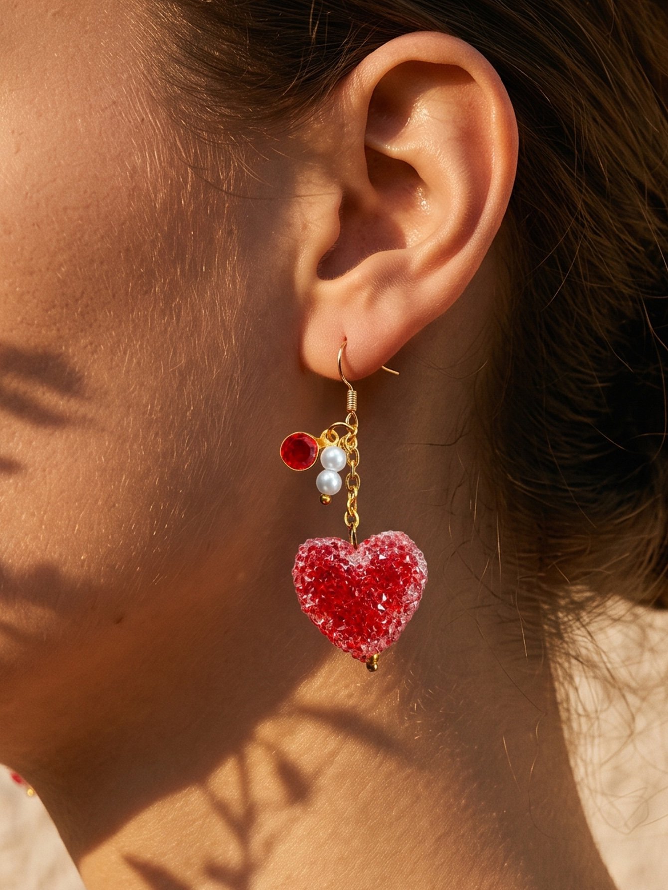 Red Heart Drop Earrings with Pearls and Gold Plating - Casual and Stylish.