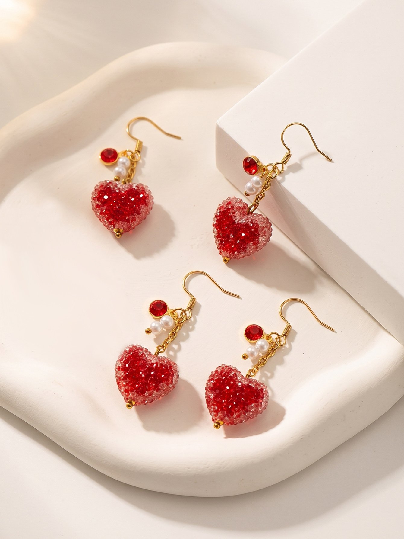 Red Heart Drop Earrings with Pearls and Gold Plating - Casual and Stylish.