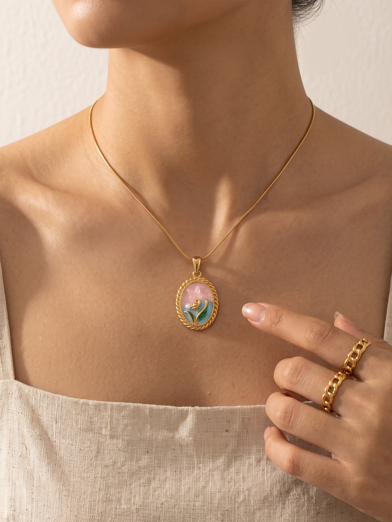 Gold Enamel Floral Pendant Necklace