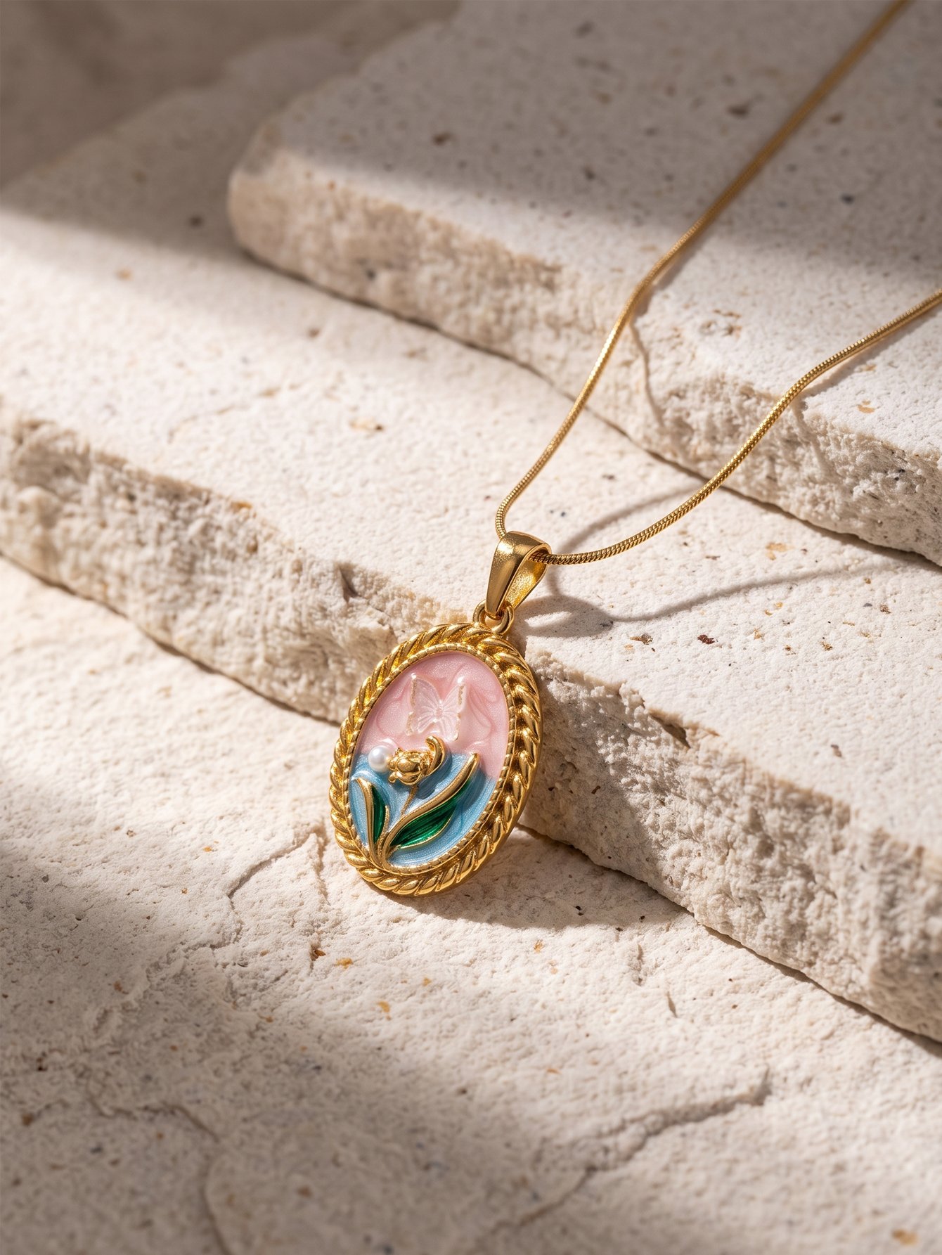 Gold Enamel Floral Pendant Necklace