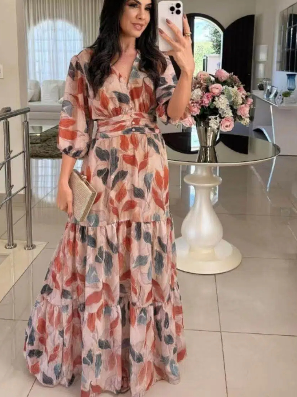 Pink Printed V Neck A-Line Ankle Length Dress