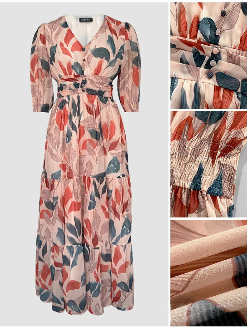 Pink Printed V Neck A-Line Ankle Length Dress