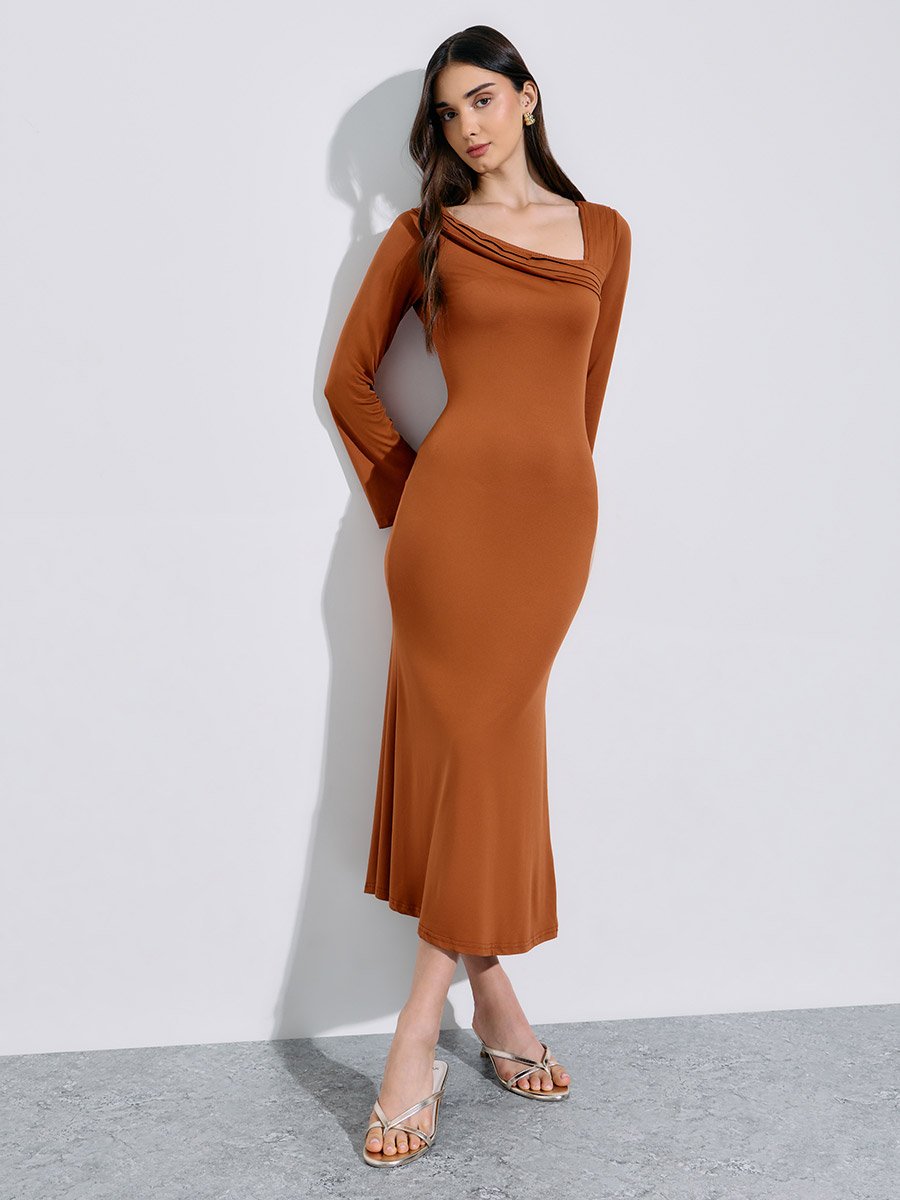 Khaki Solid Asymmetric Neck Fit and Flare Midi Dress