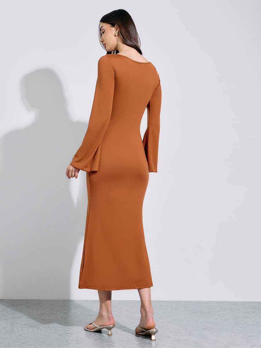 Khaki Solid Asymmetric Neck Fit and Flare Midi Dress