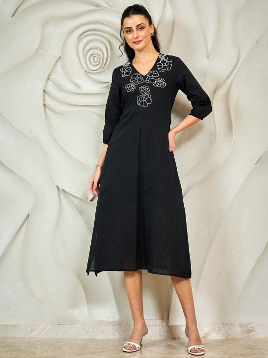 Black Embroidered A-Line Midi Dress with 3/4 Sleeves