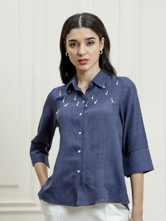 Embroidered Blue Regular Fit Shirt