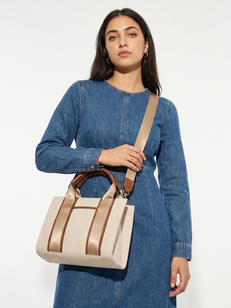 Textured Tote Bag with Detachable Strap