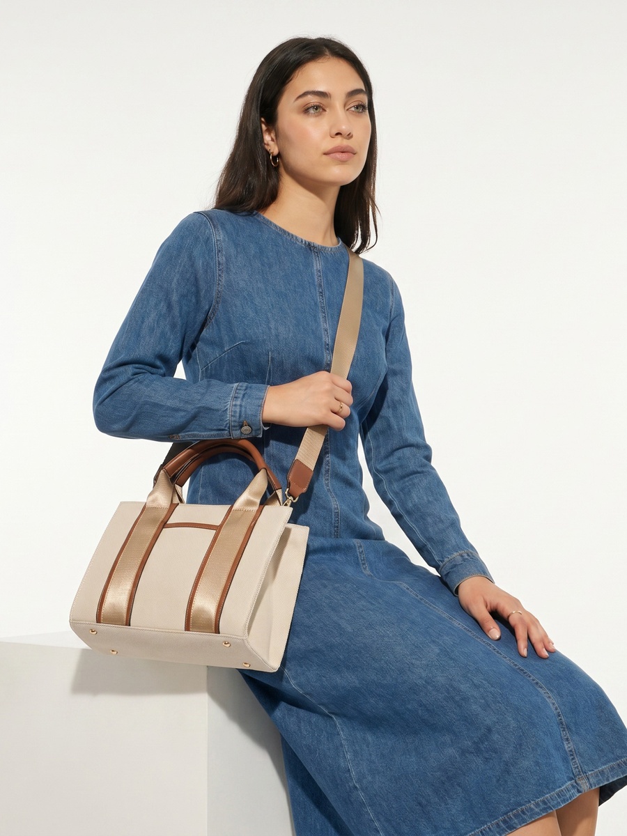 Textured Tote Bag with Detachable Strap