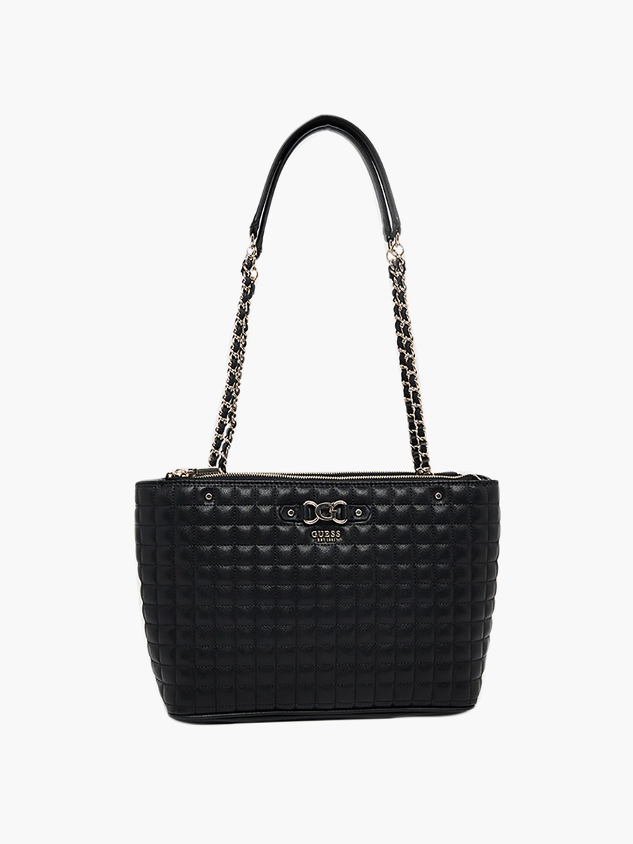 Nadira Grid Quilted Double Handle Tote Bag with Zipper Closure and Chain Strap