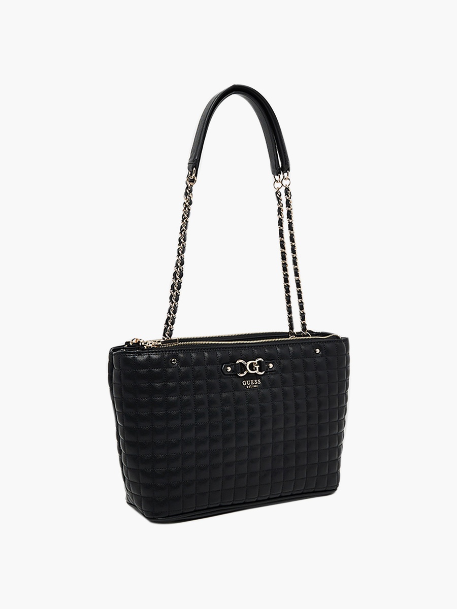 Nadira Grid Quilted Double Handle Tote Bag with Zipper Closure and Chain Strap