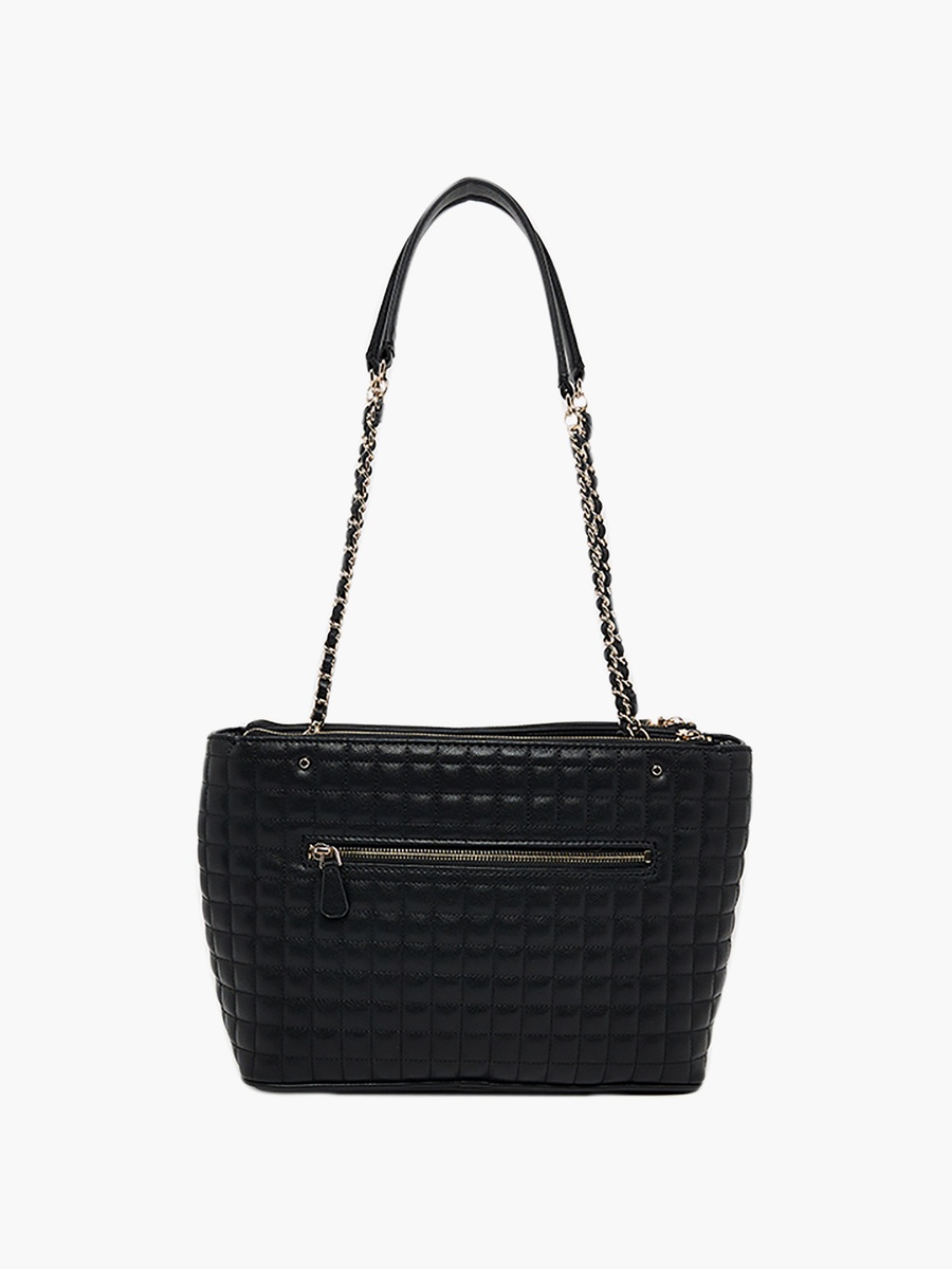 Nadira Grid Quilted Double Handle Tote Bag with Zipper Closure and Chain Strap