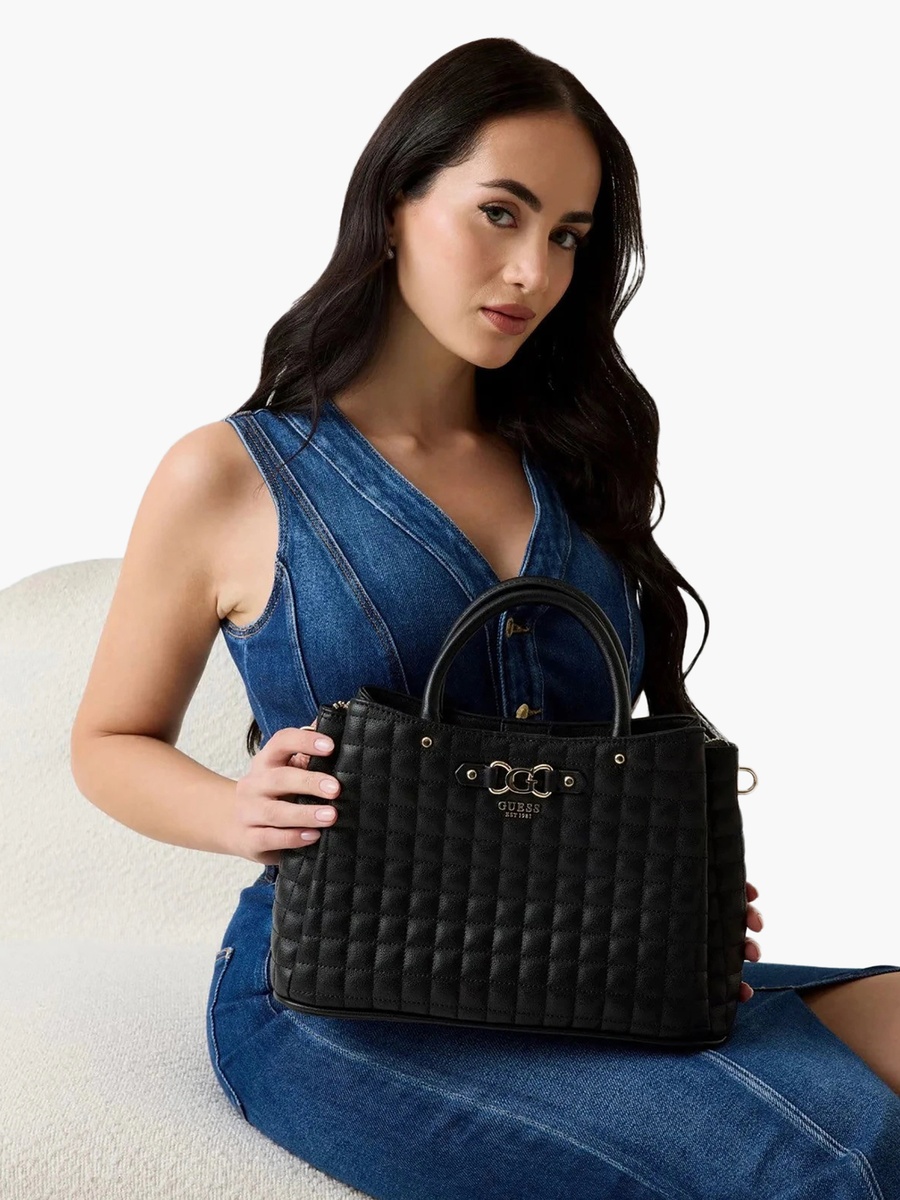Nadira Grid Quilted Double Handle Tote Bag with Zipper Closure and Chain Strap