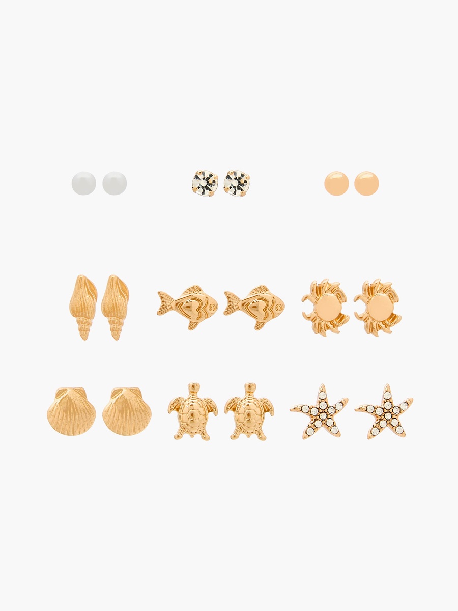 Pack of 9 Metallic Stud Earrings with Pushback Closure