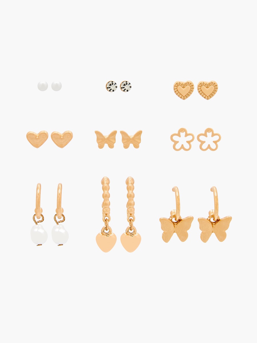Pack of 9 Gold Tone Embellished Earrings with Pushback Closure