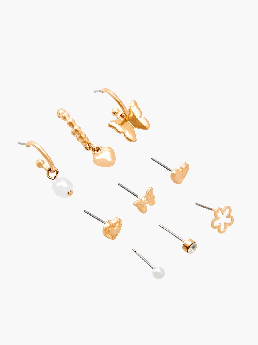 Pack of 9 Gold Tone Embellished Earrings with Pushback Closure