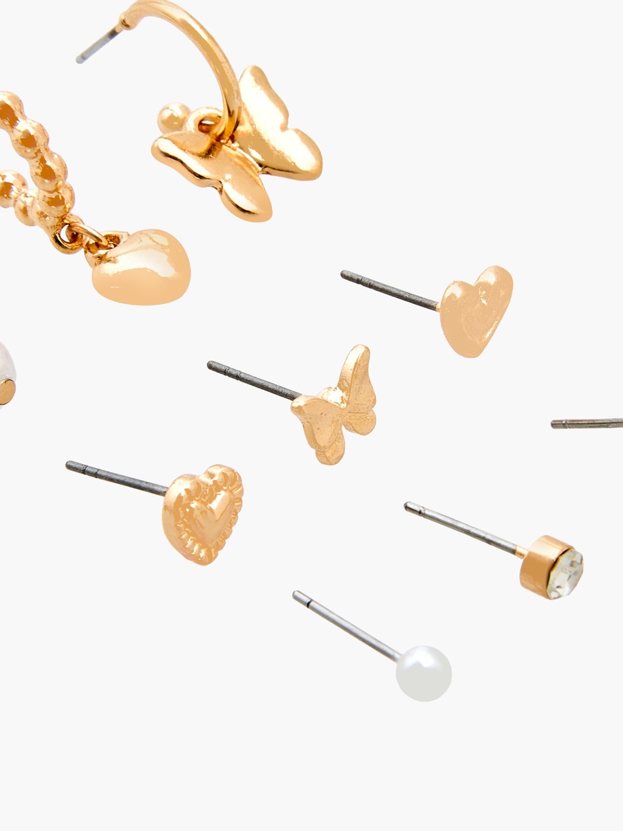 Pack of 9 Gold Tone Embellished Earrings with Pushback Closure