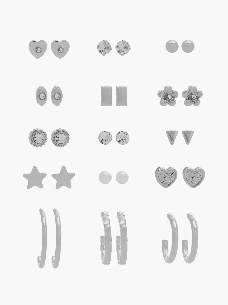 Pack of 15 Silver Tone Embellished Earrings with Pushback Closure