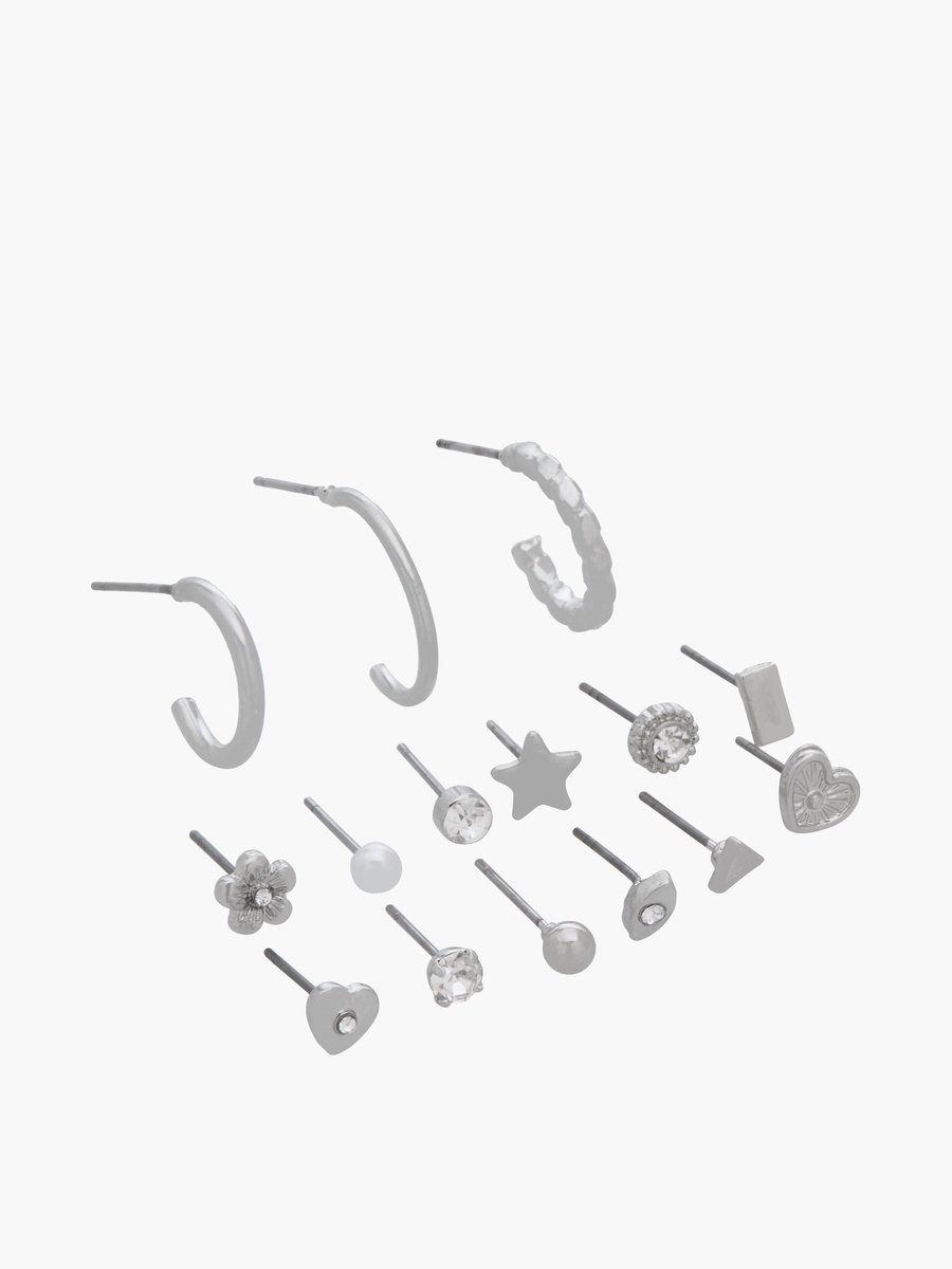 Pack of 15 Silver Tone Embellished Earrings with Pushback Closure