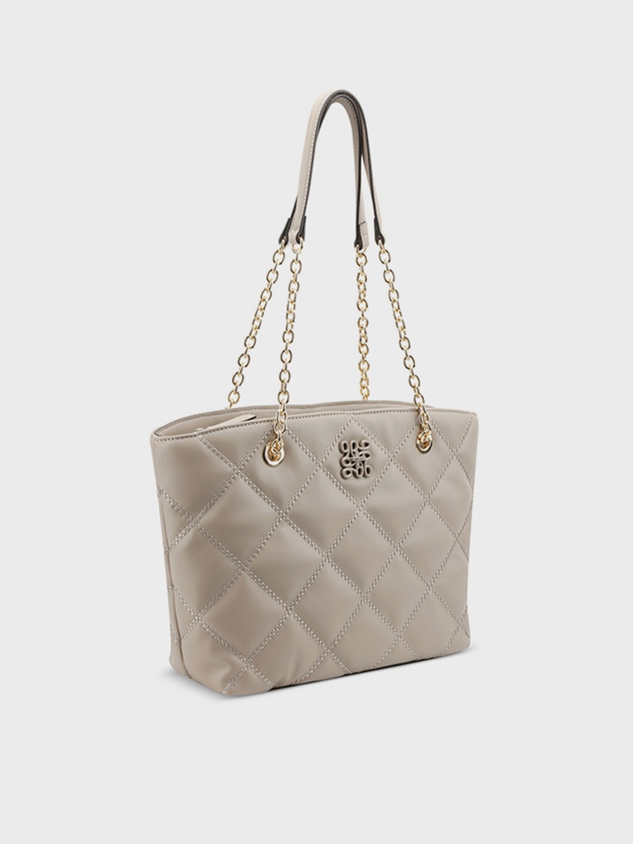 Quilted Top Handle Shoulder Bag with Zipper Closure and Chain Strap