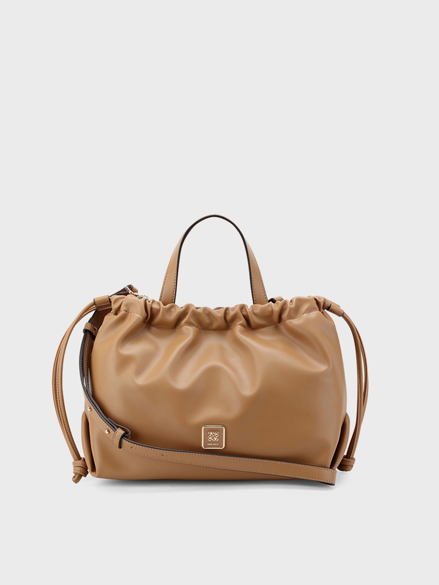 Double Handle Shoulder Bag with Drawstring Closure and Detachable Strap