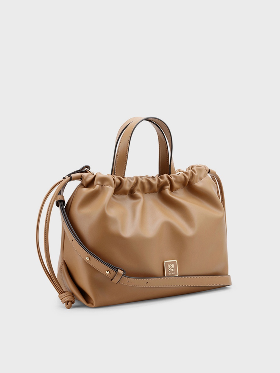 Double Handle Shoulder Bag with Drawstring Closure and Detachable Strap