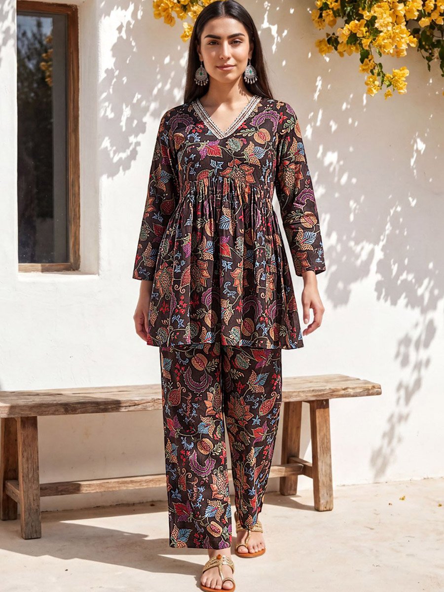 Multi-Color Floral Peplum Tunic and Trouser Co-Ord Set