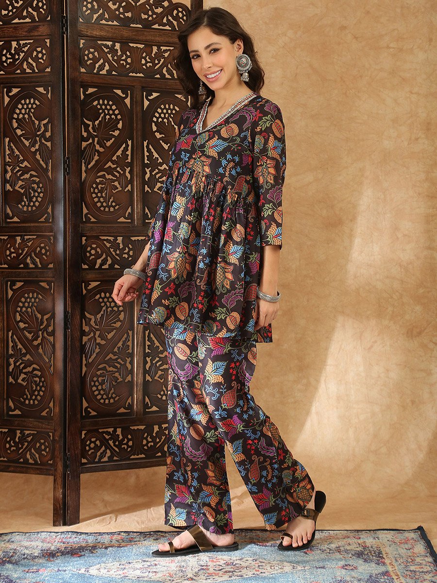 Multi-Color Floral Peplum Tunic and Trouser Co-Ord Set