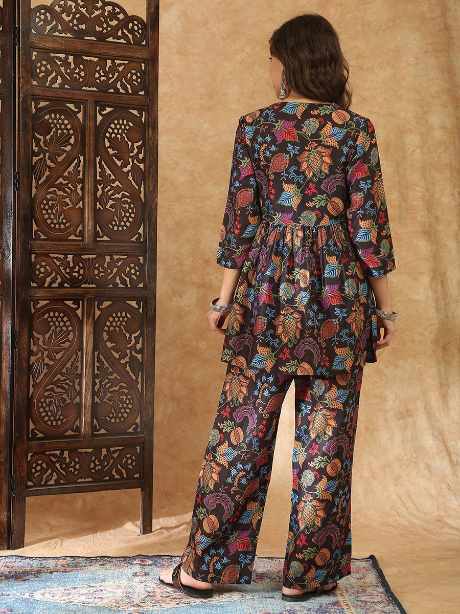 Multi-Color Floral Peplum Tunic and Trouser Co-Ord Set