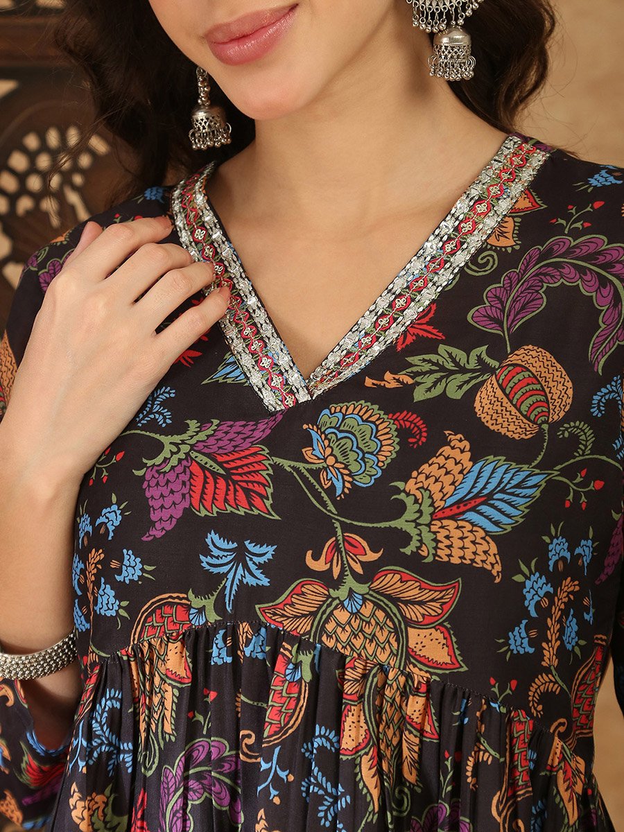 Multi-Color Floral Peplum Tunic and Trouser Co-Ord Set