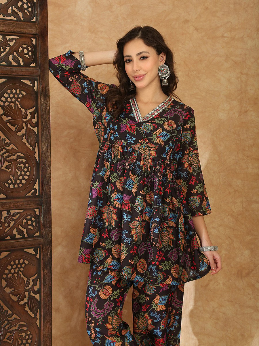 Multi-Color Floral Peplum Tunic and Trouser Co-Ord Set