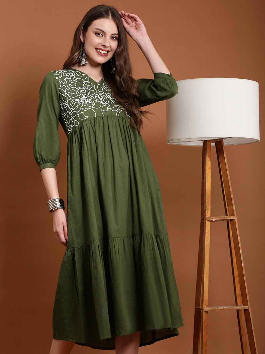 Olive Embroidered V Neck Tiered Midi Dress