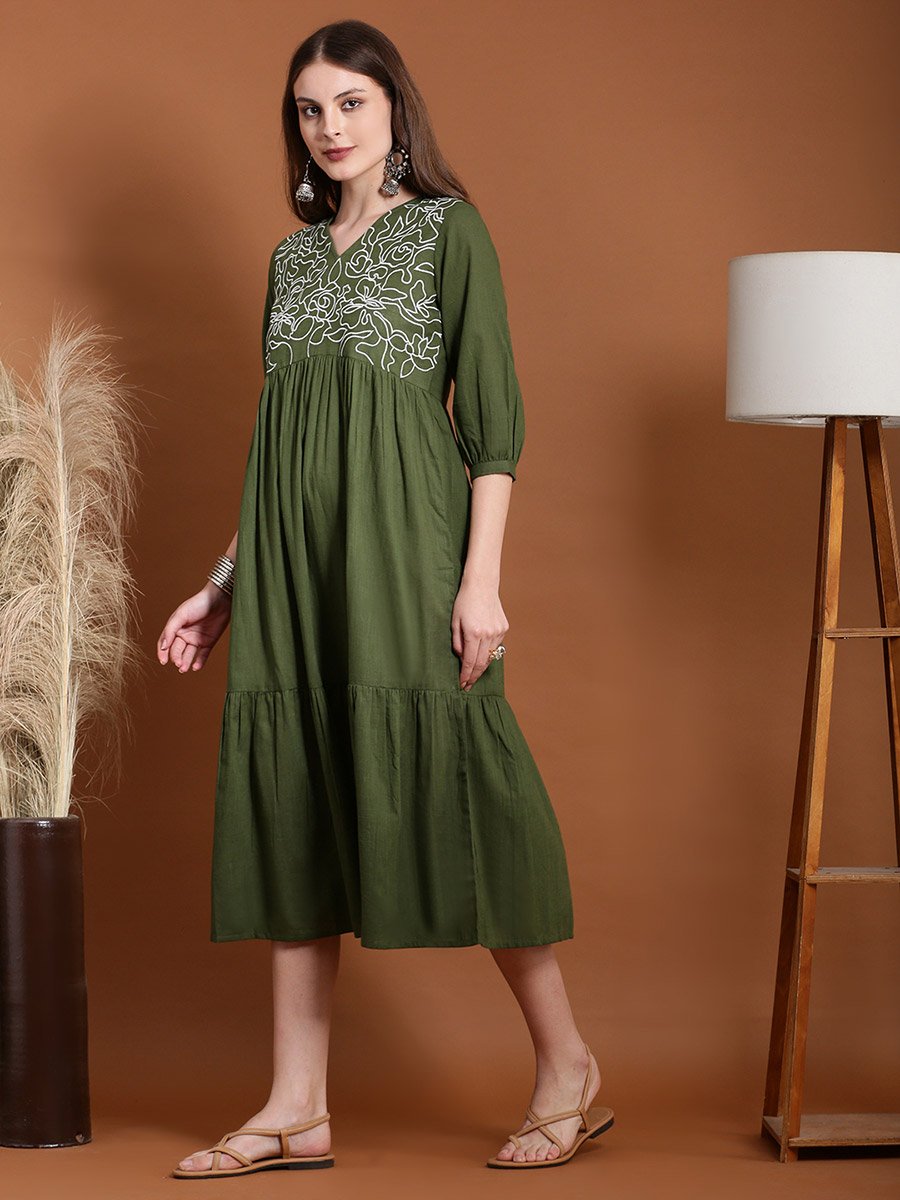 Olive Embroidered V Neck Tiered Midi Dress