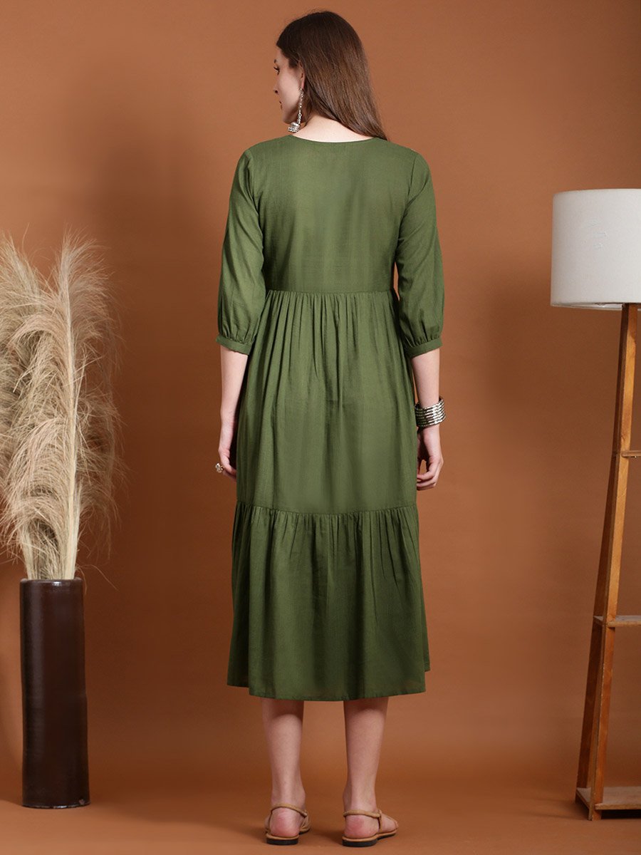 Olive Embroidered V Neck Tiered Midi Dress