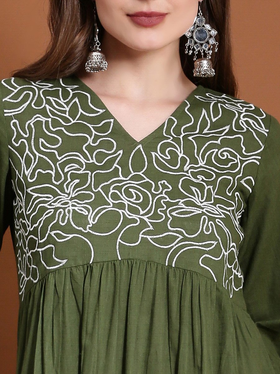 Olive Embroidered V Neck Tiered Midi Dress