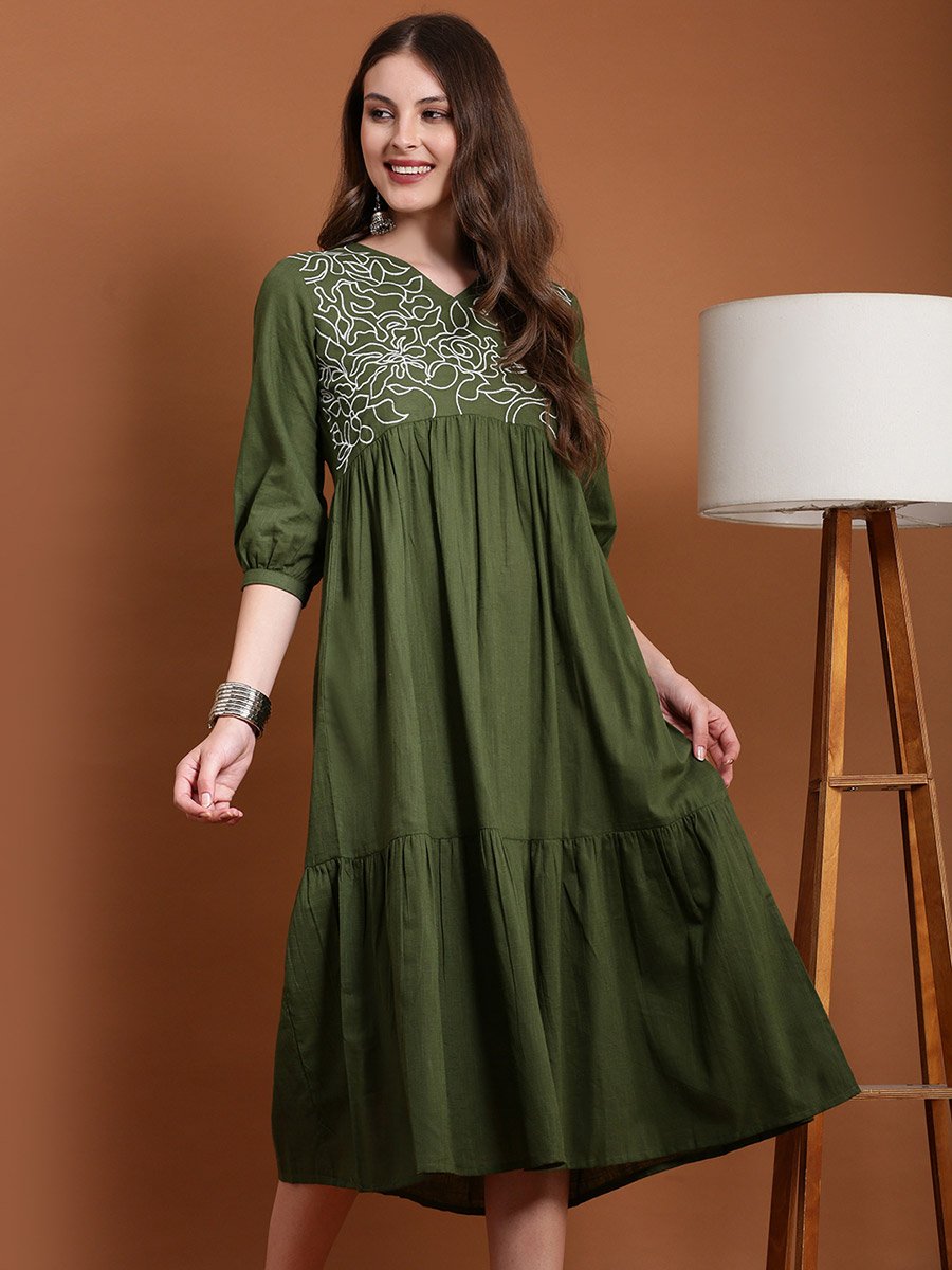 Olive Embroidered V Neck Tiered Midi Dress