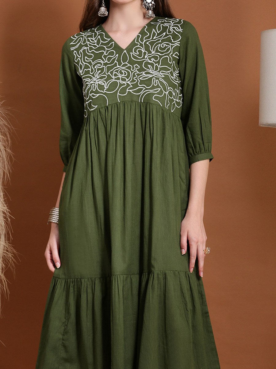 Olive Embroidered V Neck Tiered Midi Dress