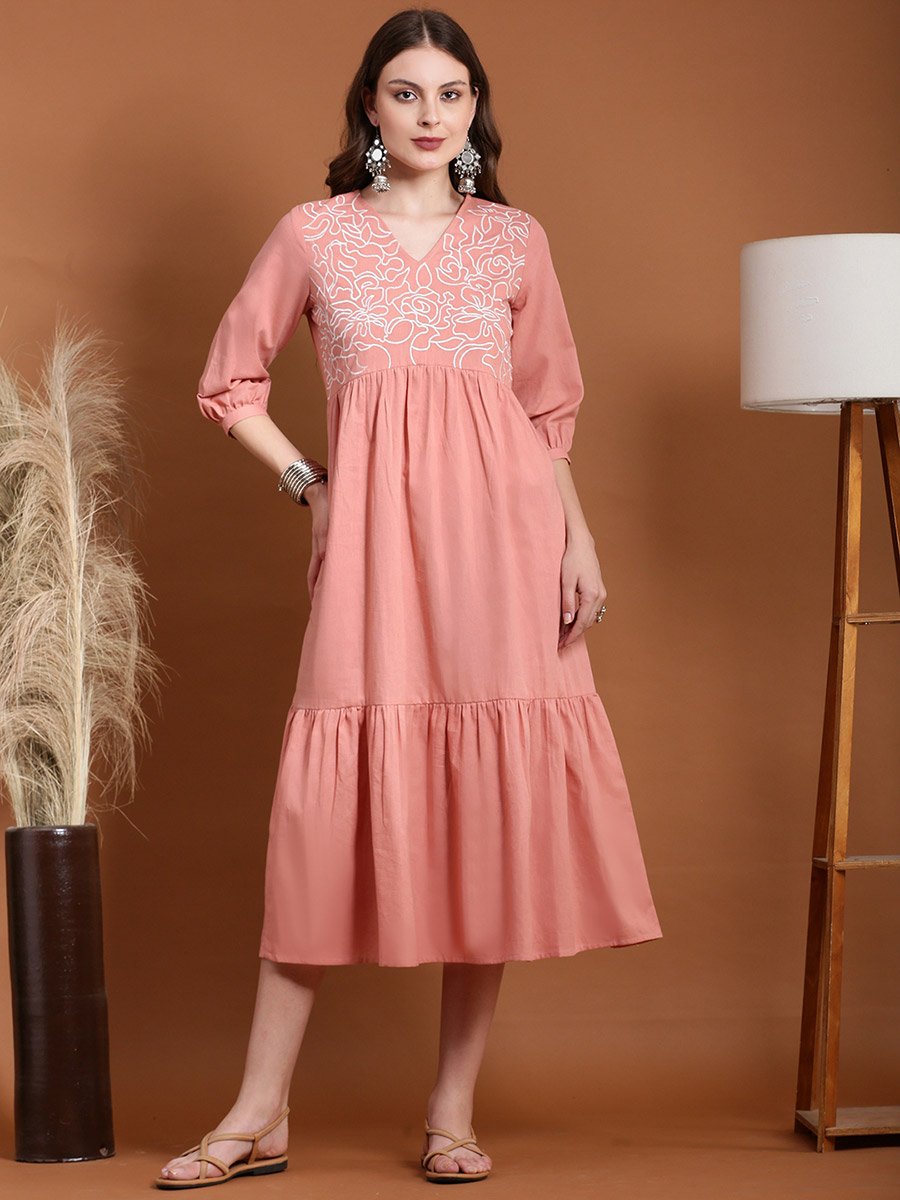 Pink Embroidered V Neck Tiered Midi Dress
