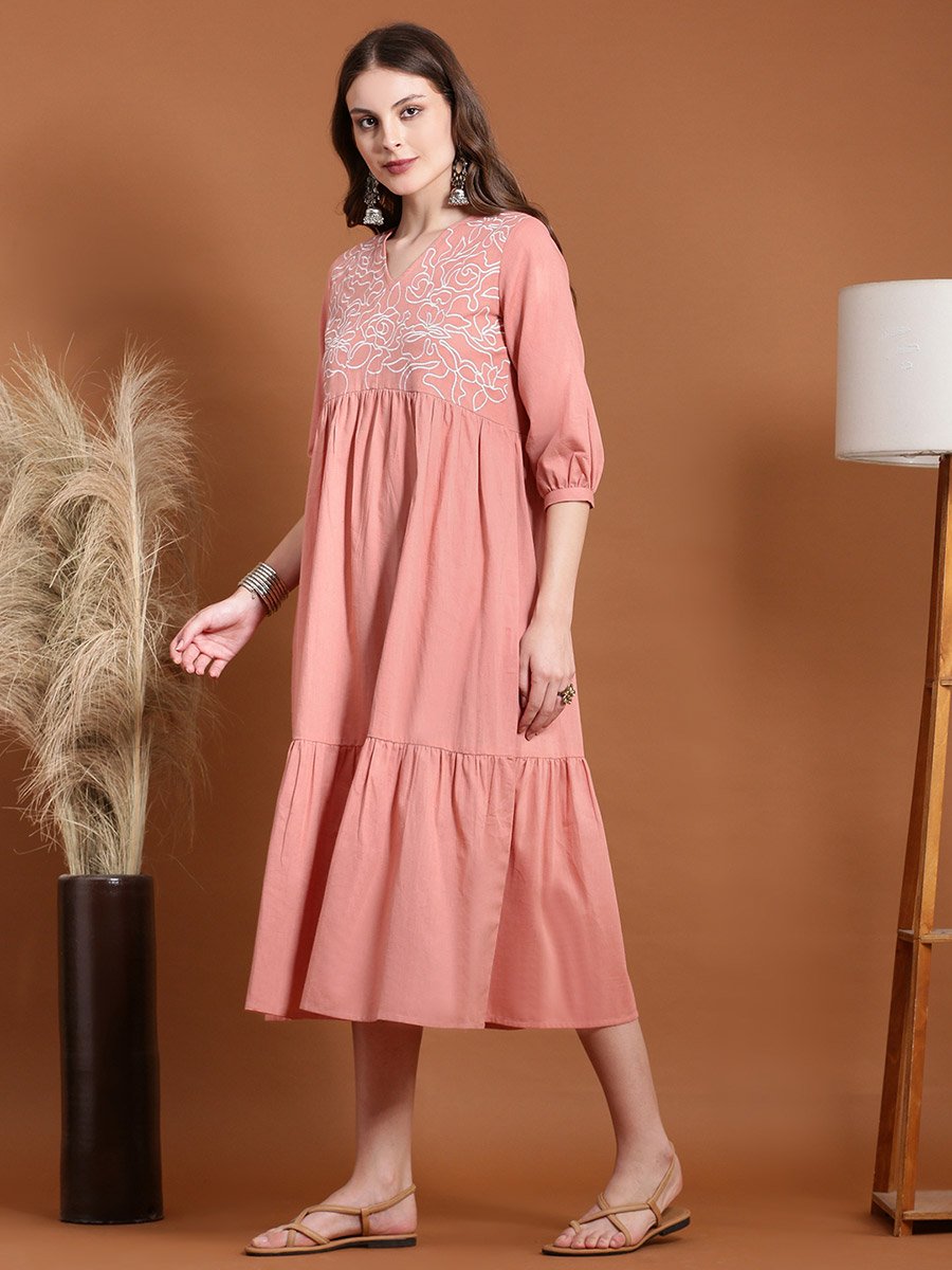 Pink Embroidered V Neck Tiered Midi Dress