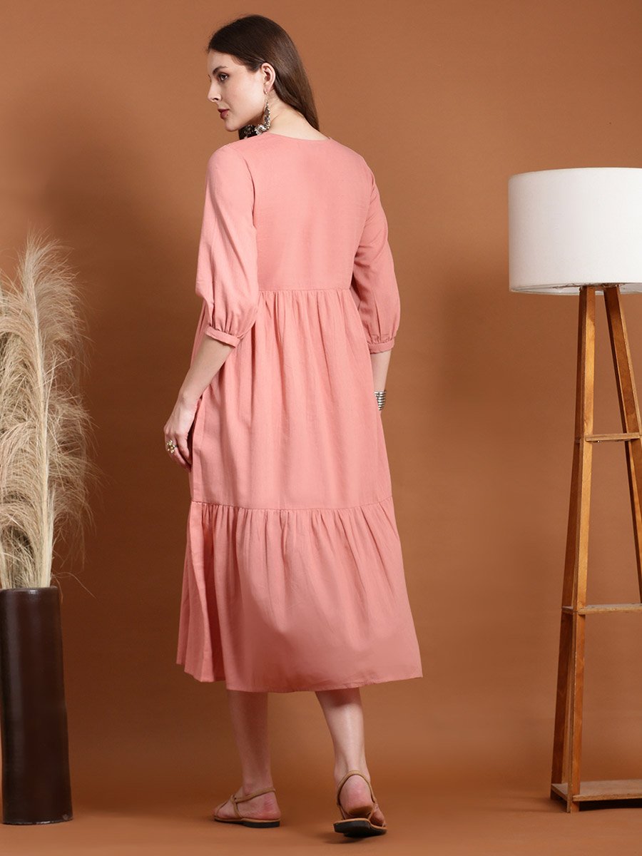 Pink Embroidered V Neck Tiered Midi Dress