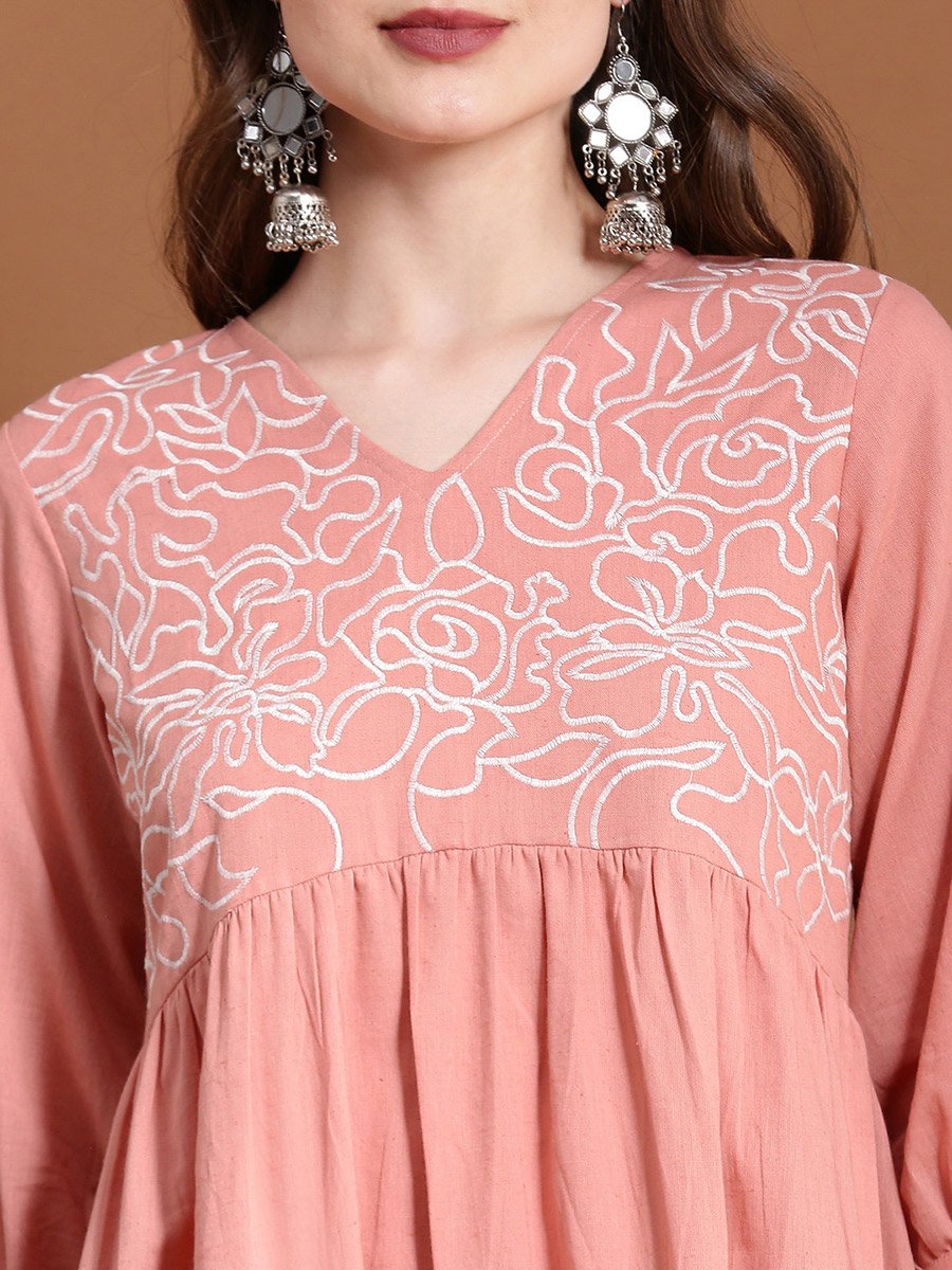 Pink Embroidered V Neck Tiered Midi Dress