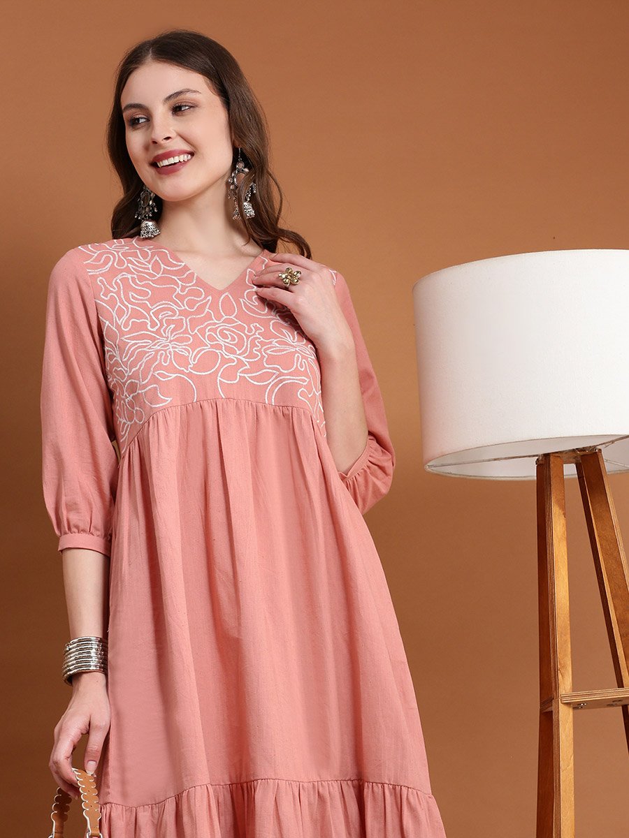 Pink Embroidered V Neck Tiered Midi Dress