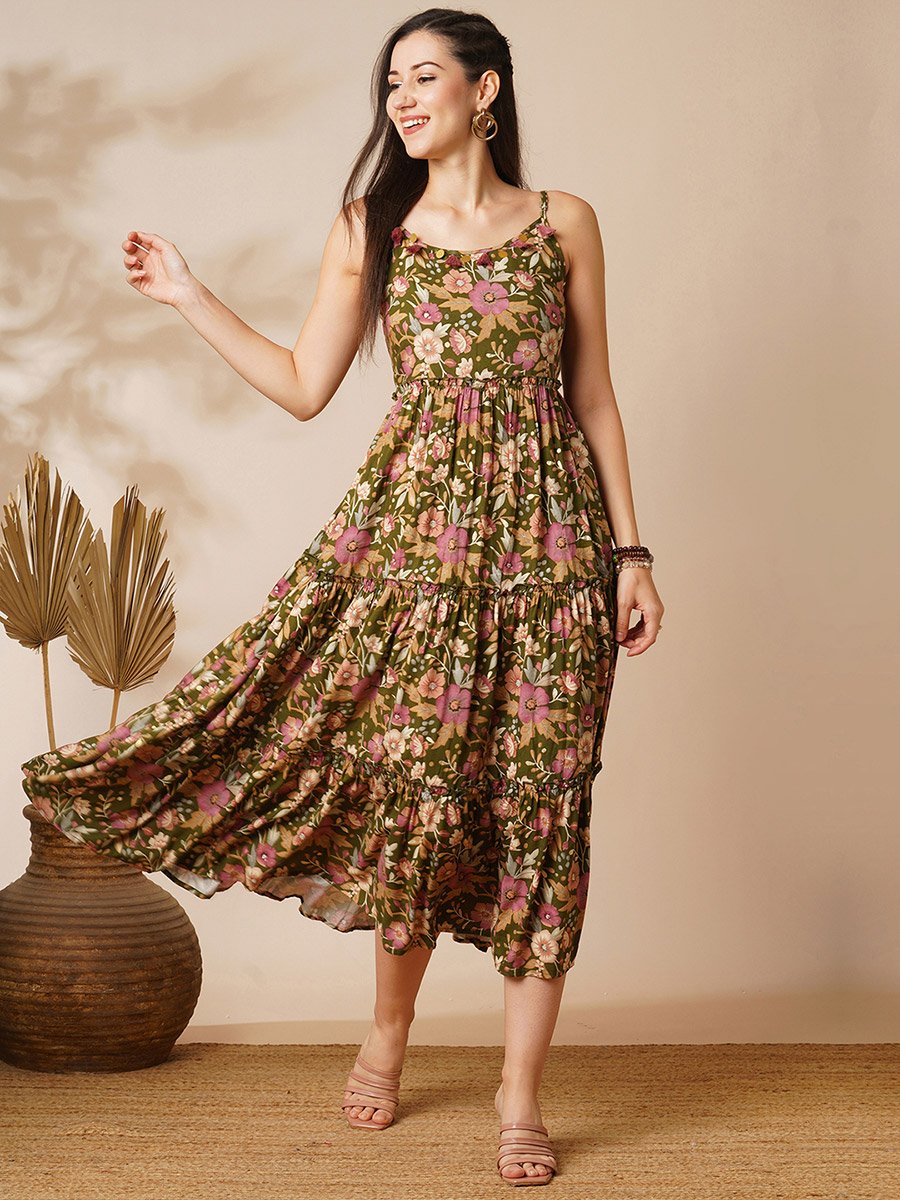 Olive Floral Tiered Midi Dress
