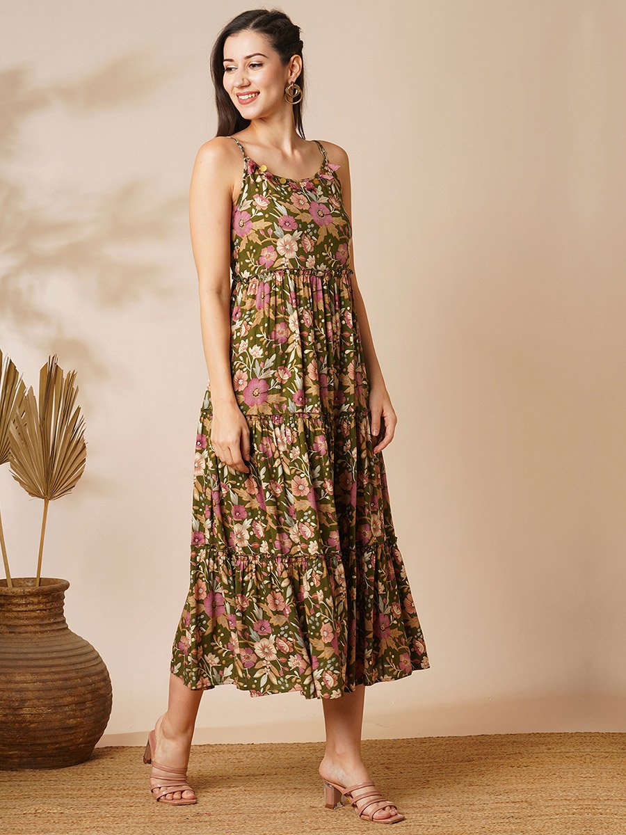 Olive Floral Tiered Midi Dress