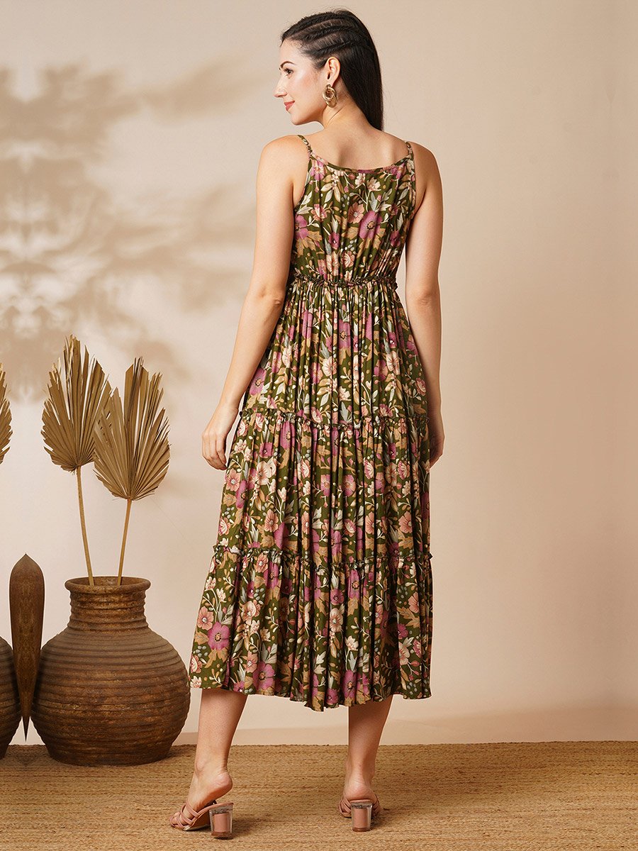 Olive Floral Tiered Midi Dress