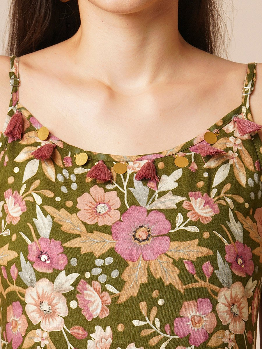 Olive Floral Tiered Midi Dress