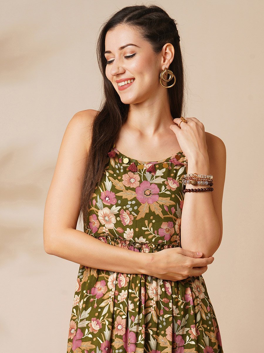Olive Floral Tiered Midi Dress