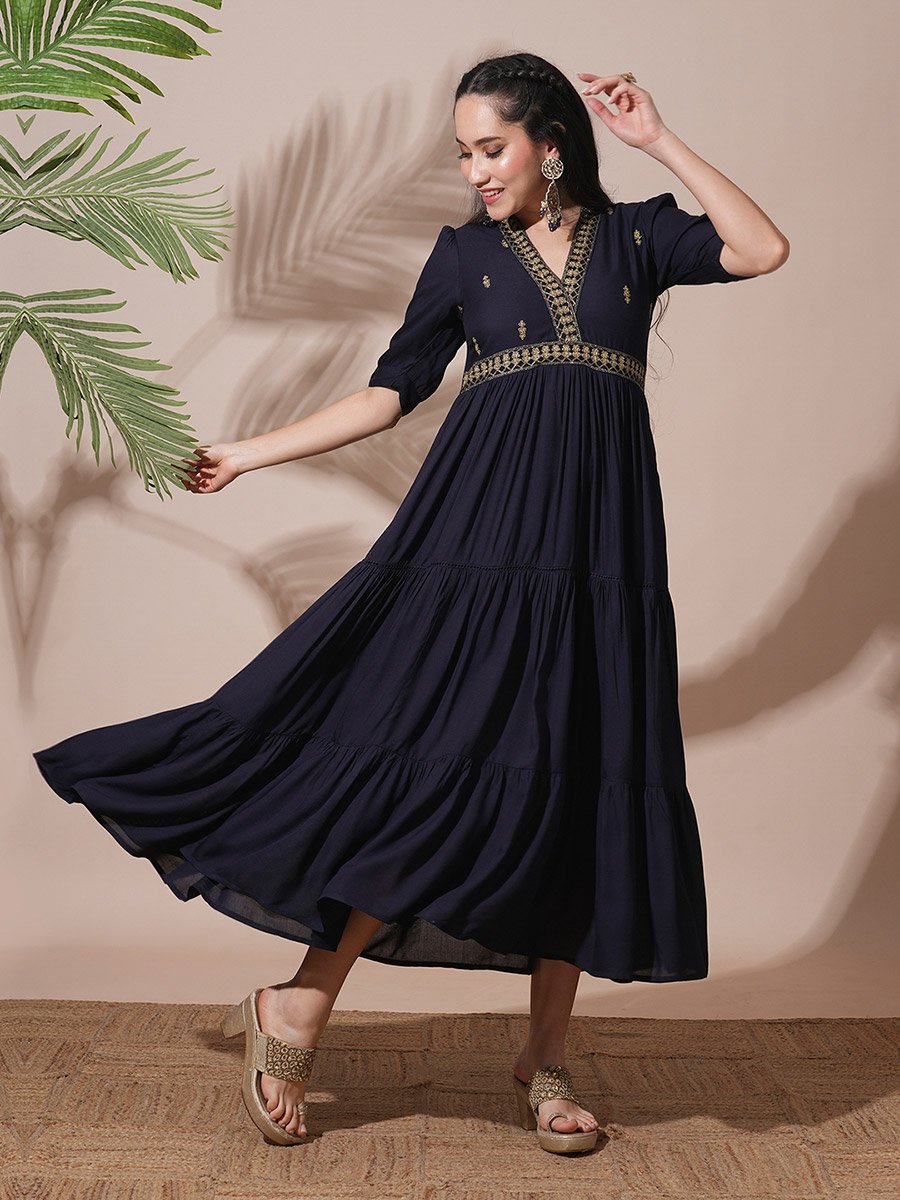 Dark Blue Embroidered V Neck Tiered Midi Dress