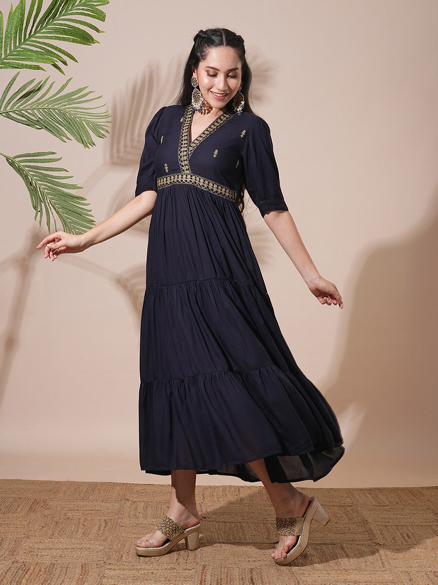 Dark Blue Embroidered V Neck Tiered Midi Dress