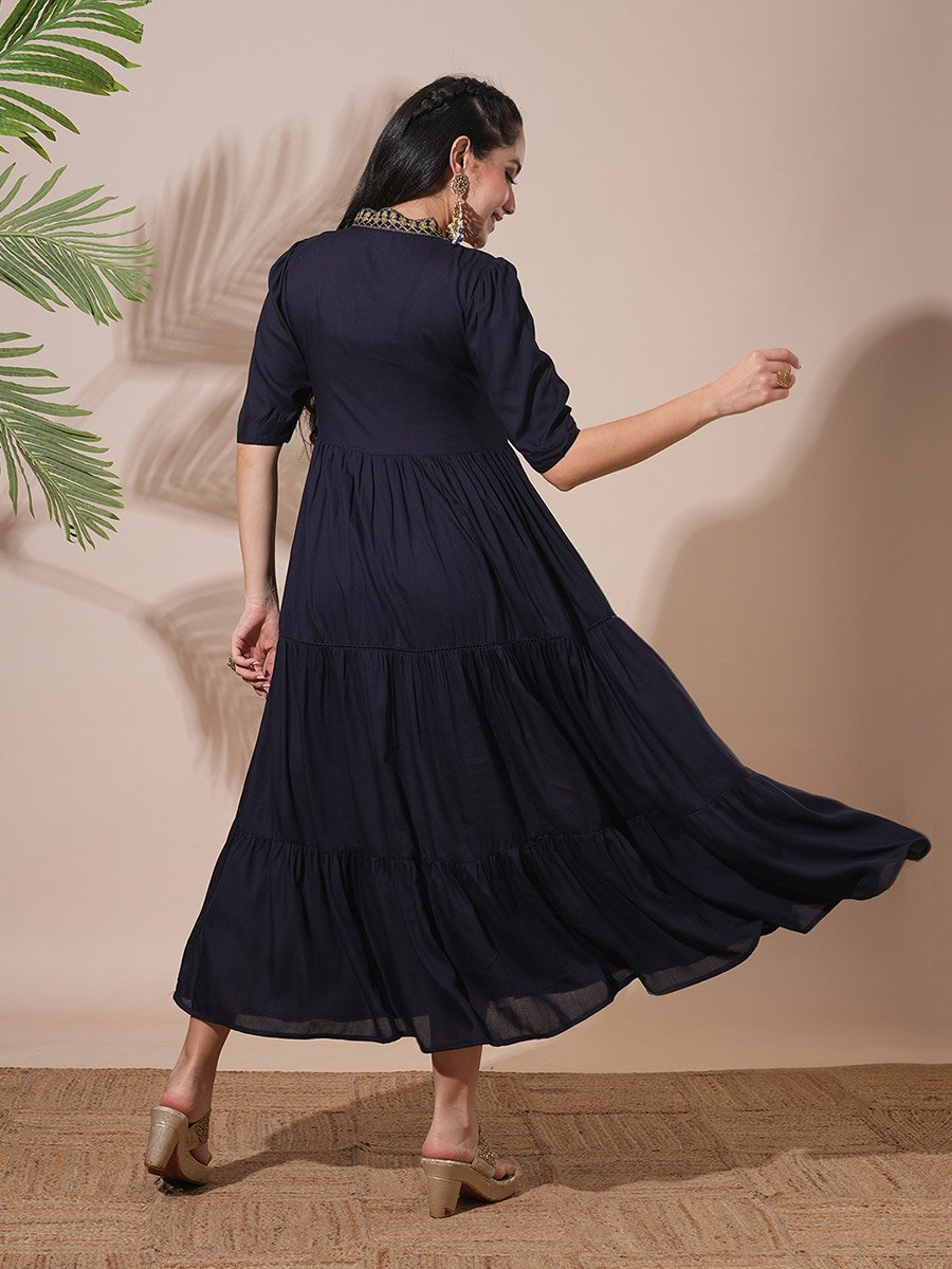 Dark Blue Embroidered V Neck Tiered Midi Dress