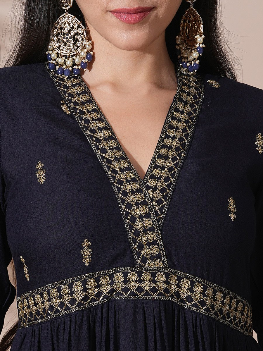 Dark Blue Embroidered V Neck Tiered Midi Dress